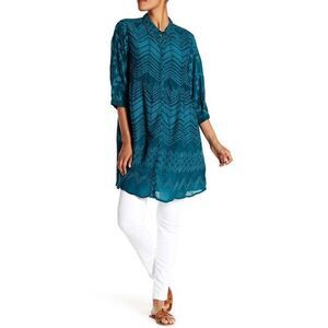 Johnny Was Blouse Top Long Tunic Floral Embroidered Teal Turquoise,‎ Size Small
